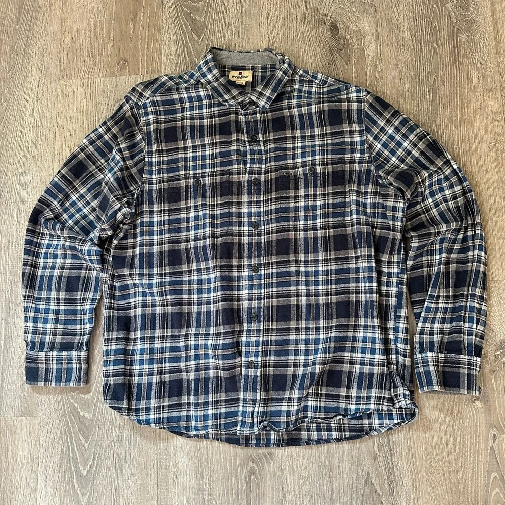 Woolrich‎ Flannel Men's 2XL XXL Blue Plaid Checkered Long Sleeve Button Up Shirt - Picture 4 of 14